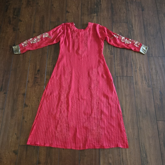 Embroidered Salwar Kameez Dupatta Long Scarf Red Gold Chiffon Party Wear Dress - Picture 3 of 16